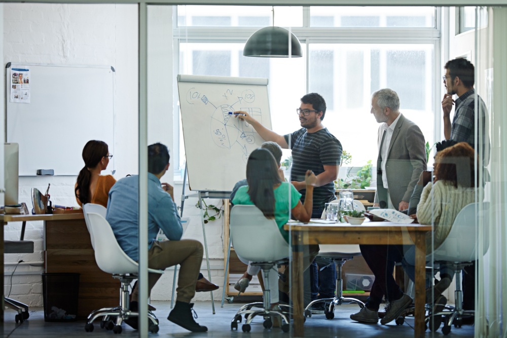 A group of people in a business meeting.