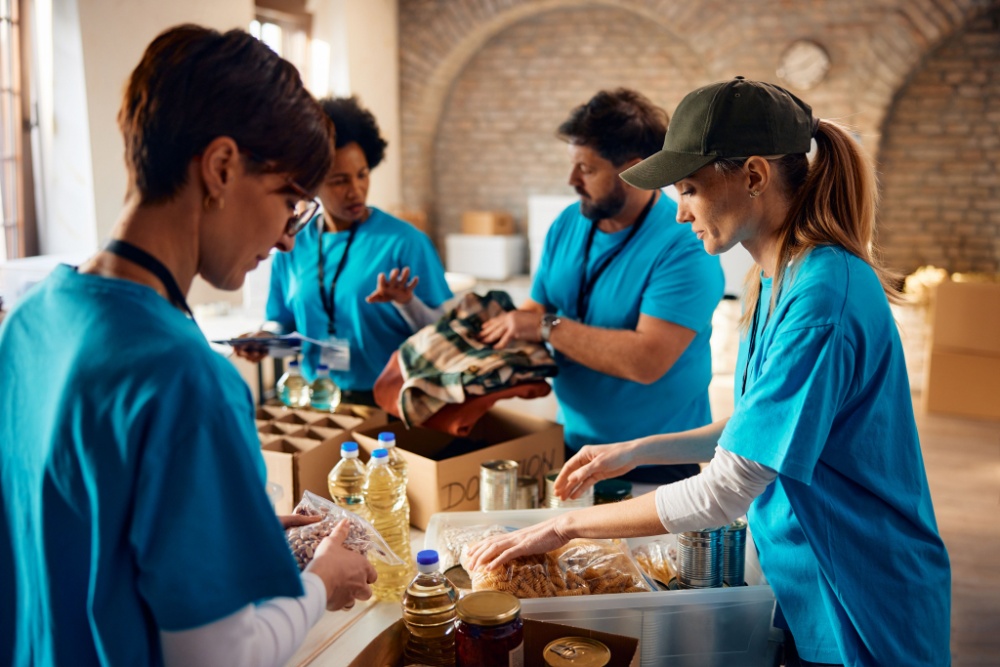 Volunteers working in a food bank.